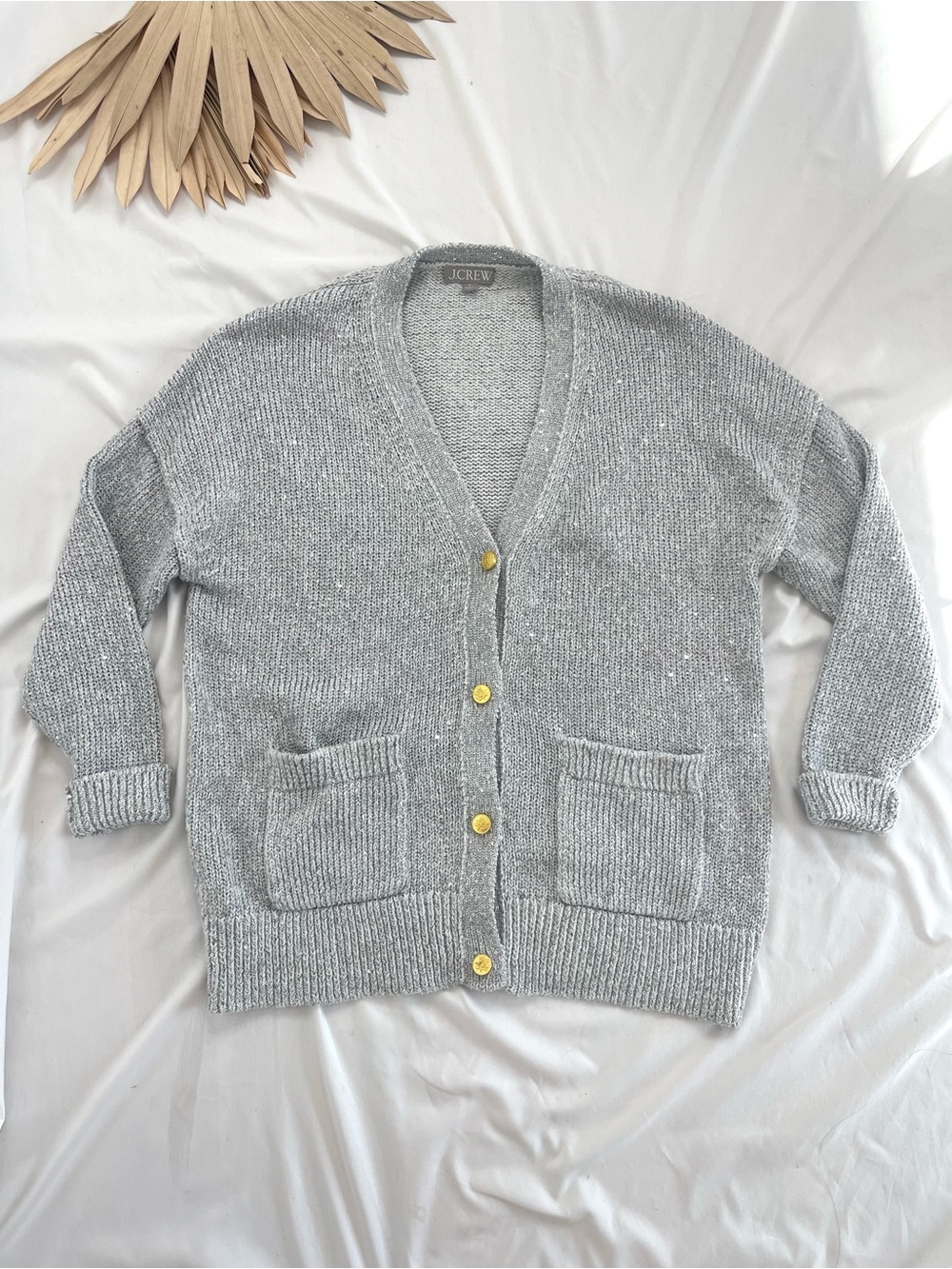 J. Crew Sequin V-Neck Grey Silver Cardigan Gold Button Pocket Sweater Medium